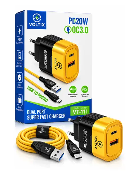 شاحن PD20W QC3.0 منفذين مع كابل Micro Voltix VT-111