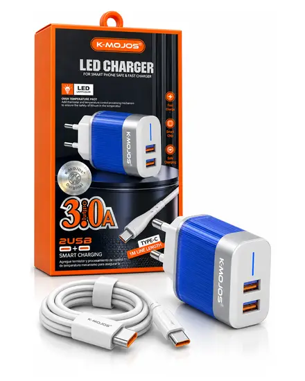 شاحن LED بمنفذين 3.0A مع كابل Type-C K-MOJOS