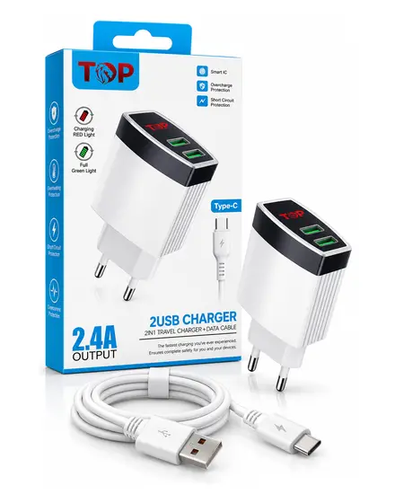 شاحن 2.4A منفذين مع كابل Type-C TOP