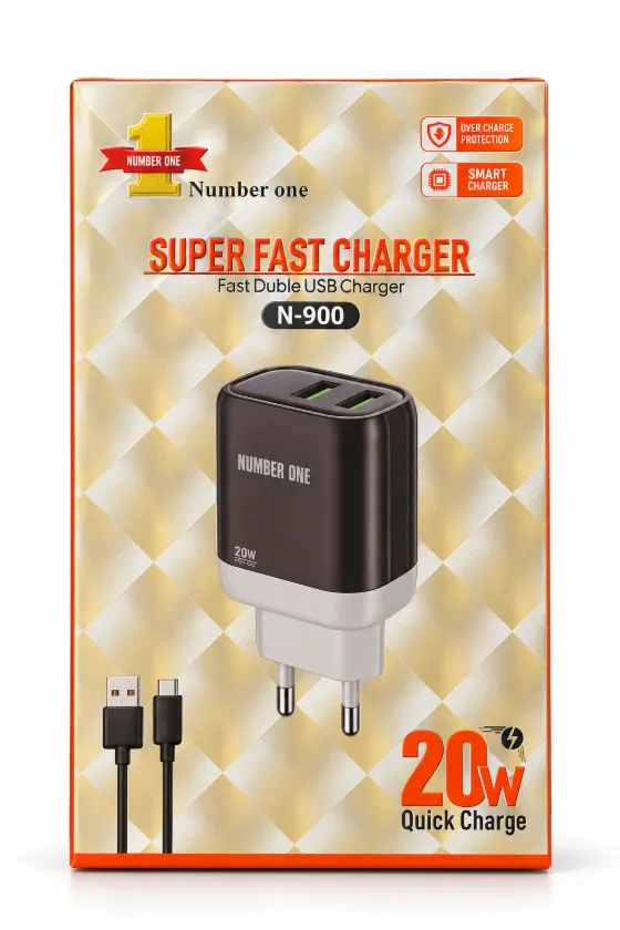 شاحن 20W منفذين PD + QC مع كابل Type-C Number One N-900